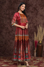 Thumbnail for Juniper Women's Maroon Dull Satin Printed Anarkali Dress - Distacart