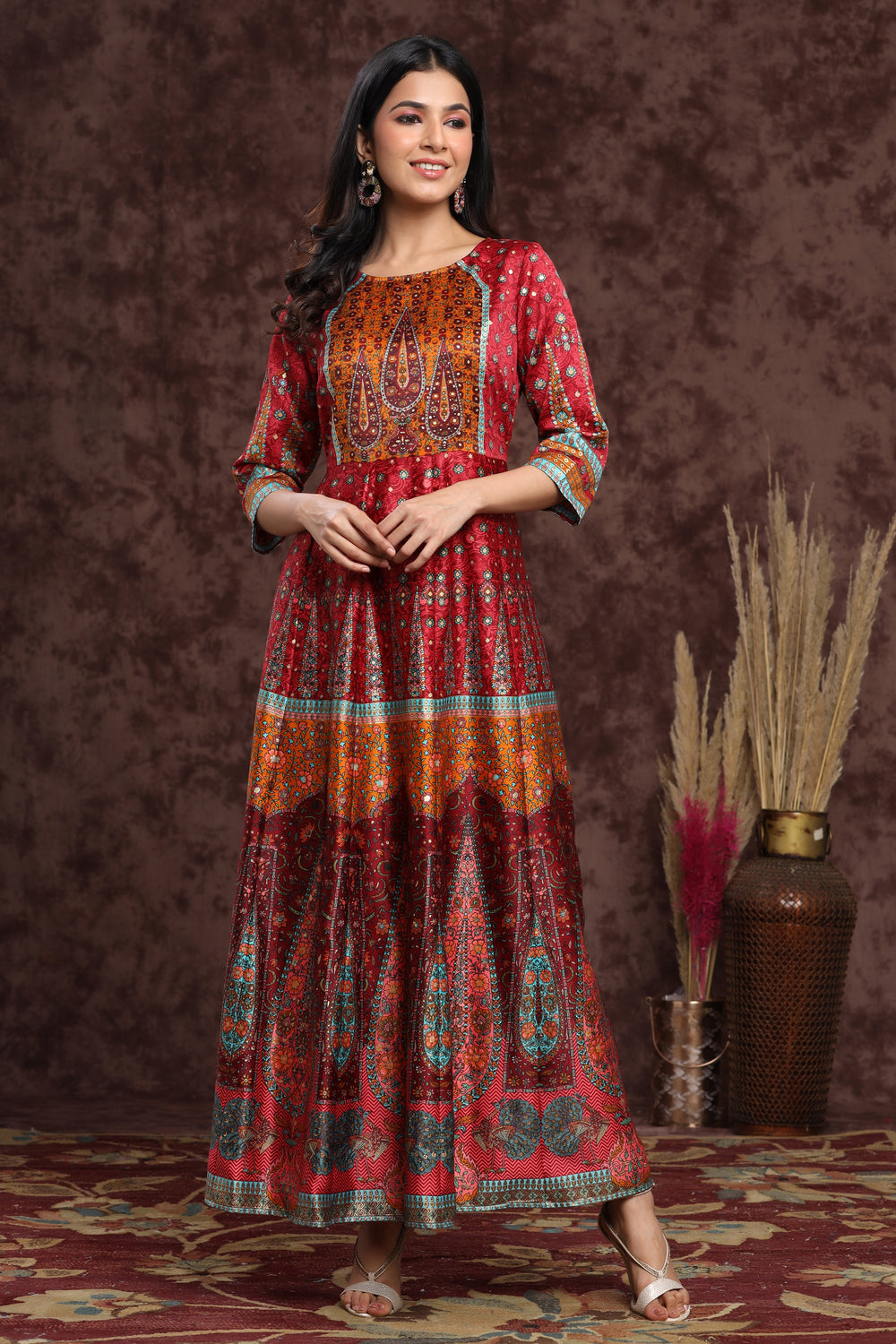 Juniper Women's Maroon Dull Satin Printed Anarkali Dress - Distacart