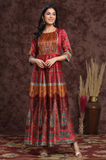 Thumbnail for Juniper Women's Maroon Dull Satin Printed Anarkali Dress - Distacart