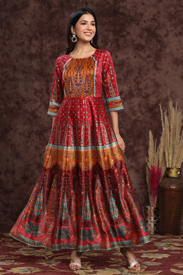 Juniper Women's Maroon Dull Satin Printed Anarkali Dress - Distacart