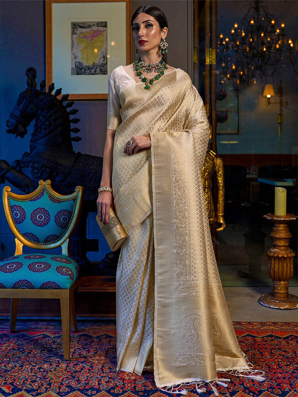Mitera Cream-Coloured & Gold-Toned Ethnic Motifs Zari Silk Blend Kanjeevaram Saree - Distacart