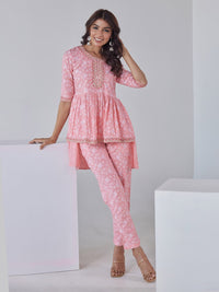 Thumbnail for HERE&NOW Floral Printed Embroidered Sequinned High-Low Kurti with Trouserss - Distacart
