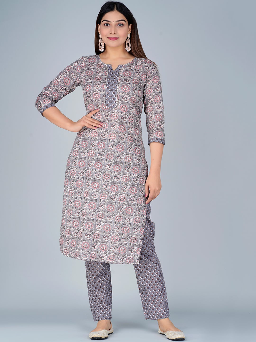 Kalini Notch Neck Floral Printed Pure Cotton Kurta with Trousers & Dupatta - Distacart