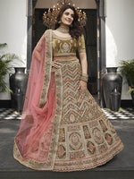 Thumbnail for Myra Olive Green Velvet Embroidered Designer Lehenga - Distacart