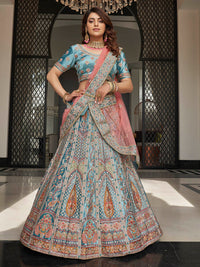 Thumbnail for Myra Turquoise Velvet Embroidered Designer Lehenga - Distacart