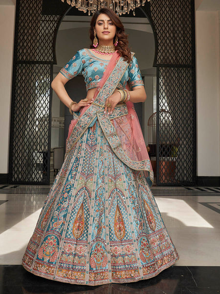 Myra Turquoise Velvet Embroidered Designer Lehenga - Distacart