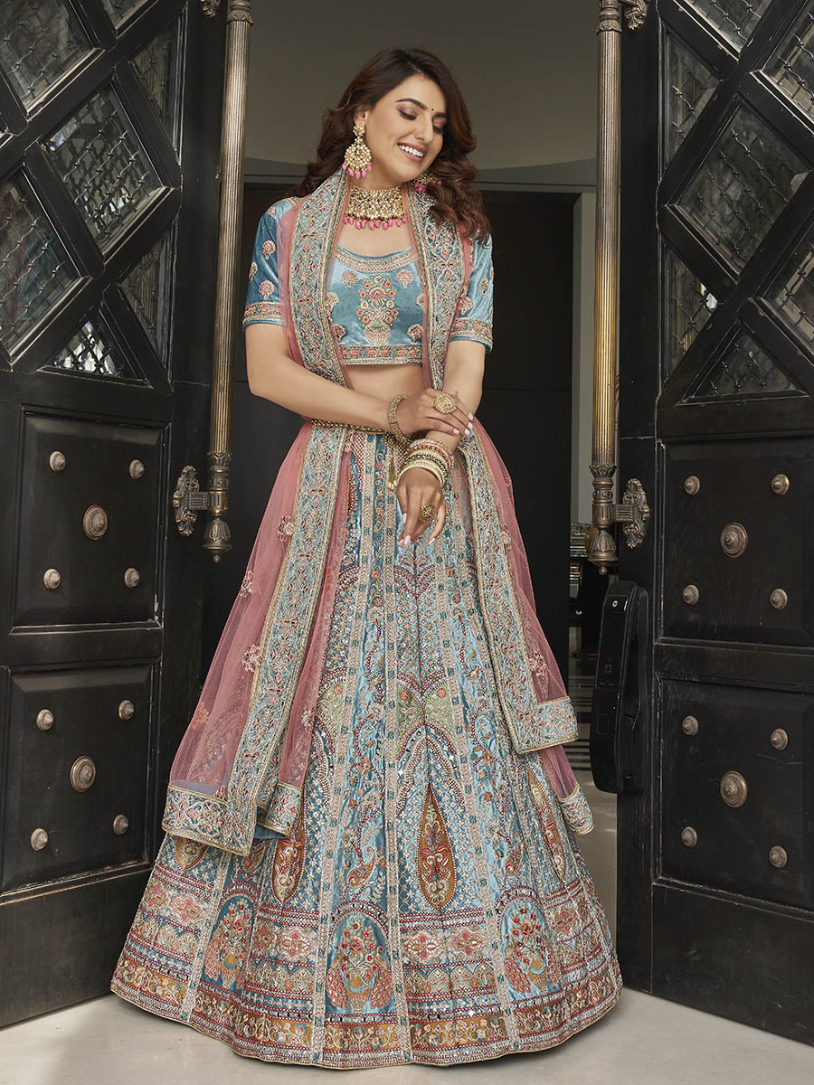 Myra Turquoise Velvet Embroidered Designer Lehenga - Distacart