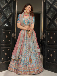 Thumbnail for Myra Turquoise Velvet Embroidered Designer Lehenga - Distacart