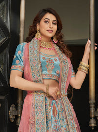 Thumbnail for Myra Turquoise Velvet Embroidered Designer Lehenga - Distacart