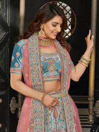 Thumbnail for Myra Turquoise Velvet Embroidered Designer Lehenga - Distacart
