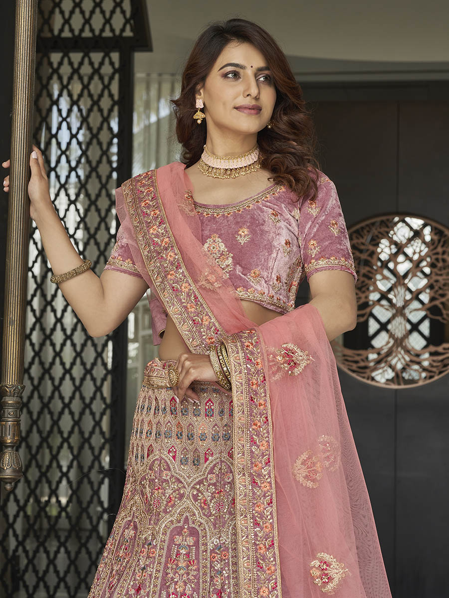 Myra Mauve Velvet Embroidered Designer Lehenga - Distacart
