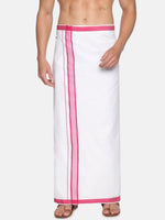 Thumbnail for Sethukrishna White & Pink Solid Cotton Dhoti For Men - Distacart
