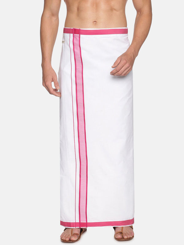 Sethukrishna White & Pink Solid Cotton Dhoti For Men - Distacart