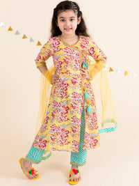 Thumbnail for Girls Yellow Floral Printed Angrakha Pure Cotton Kurta With Trousers With Dupatta - Mini Marvels - Distacart