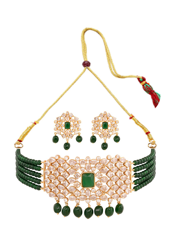 Saraf RS Jewellery Gold-Plated White & Green American Diamond Studded Choker Jewellery Set - Distacart