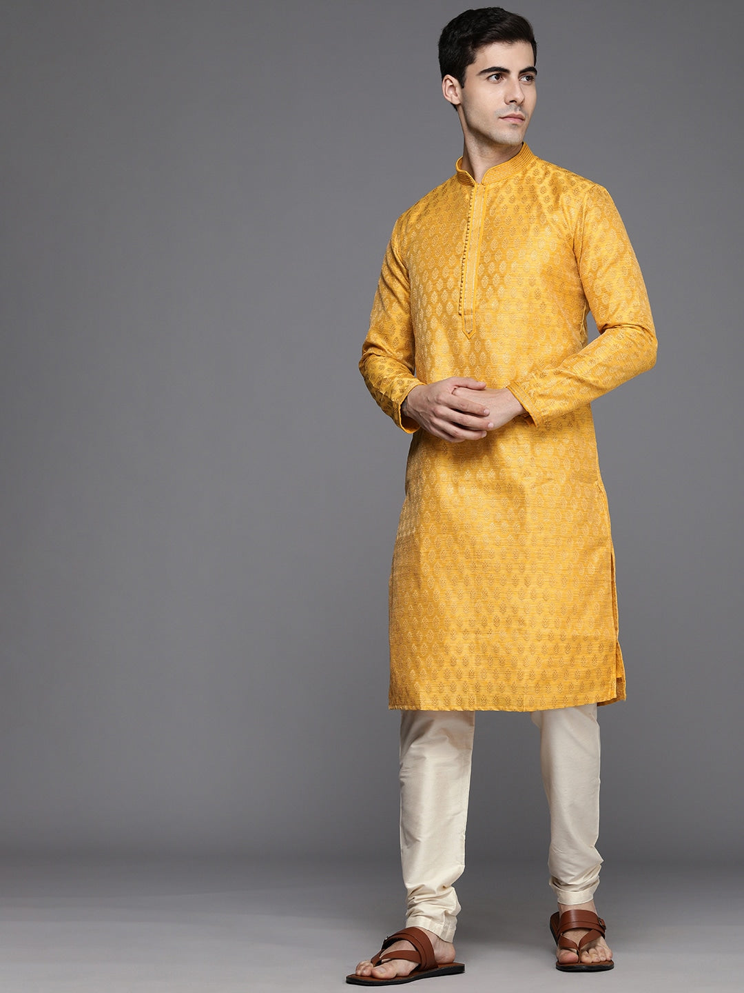 Manyavar Men Mustard Yellow Woven Design Kurta with Churidar - Distacart