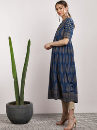 Thumbnail for Sangria Women Navy Blue & Gold-Coloured Printed Anarkali Kurta - Distacart