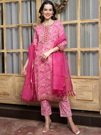 Thumbnail for Sangria Pink Ethnic Motifs Printed Pure Cotton Kurta Set - Distacart