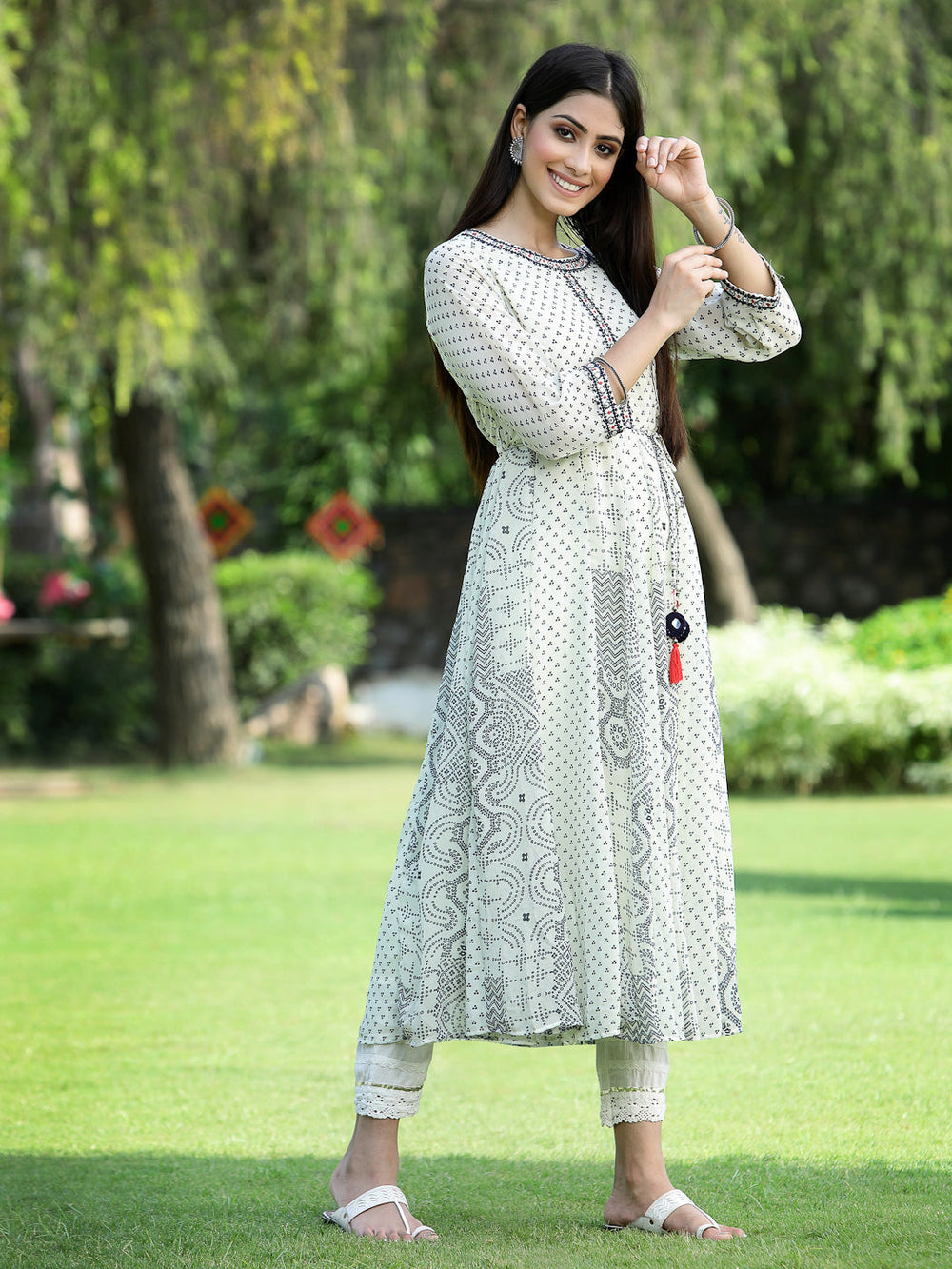 Juniper Women's Ivory Georgette Printed Anarkali Kurta - Distacart