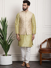 Thumbnail for Sojanya Men Lime Green Ethnic Motifs Printed Kurta with Pyjamas & Nehru Jacket - Distacart