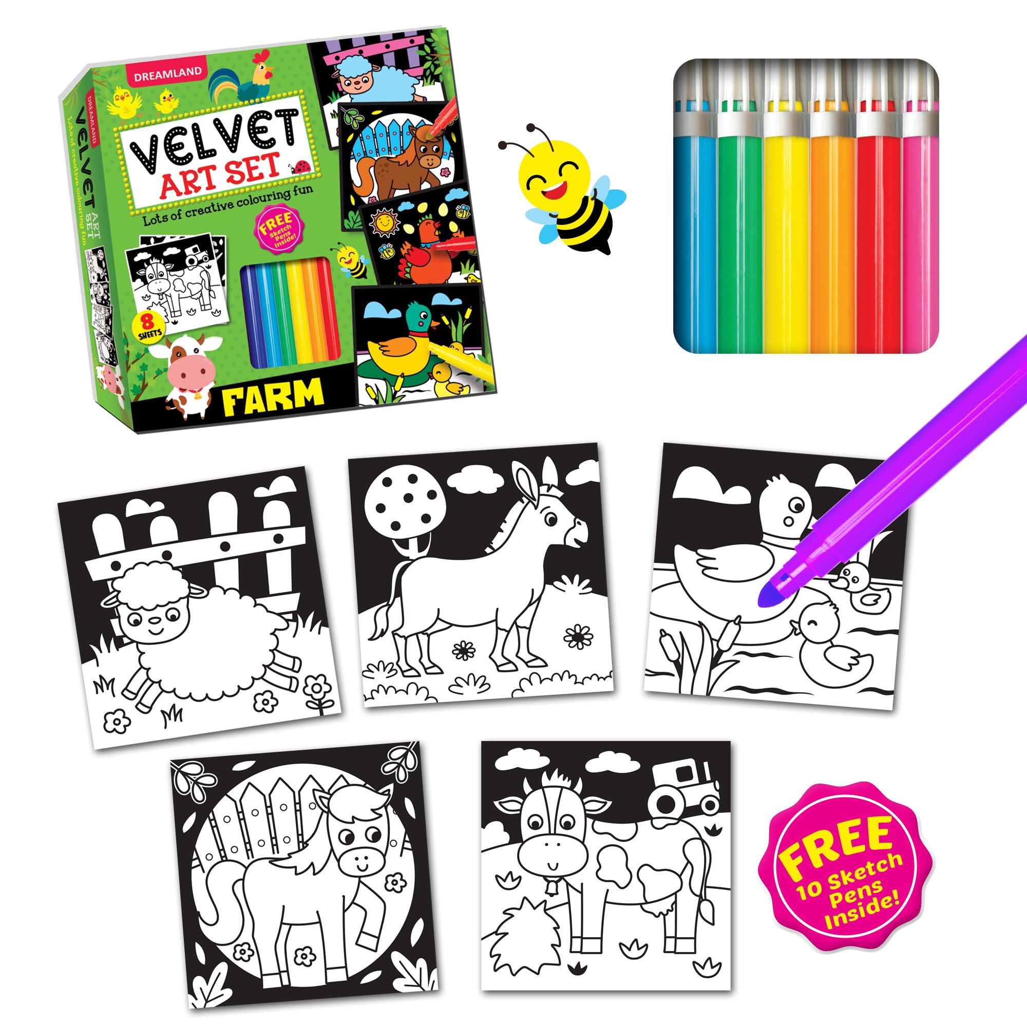 Dreamland Publications Farm - Velvet Art Set With 10 Free Sketch Pens - Distacart