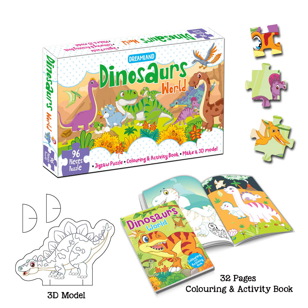 Dreamland Publications Dinosaurs World Jigsaw Puzzle for Kids – 96 Pcs | With Colouring & Activity Book and 3D Model - Distacart