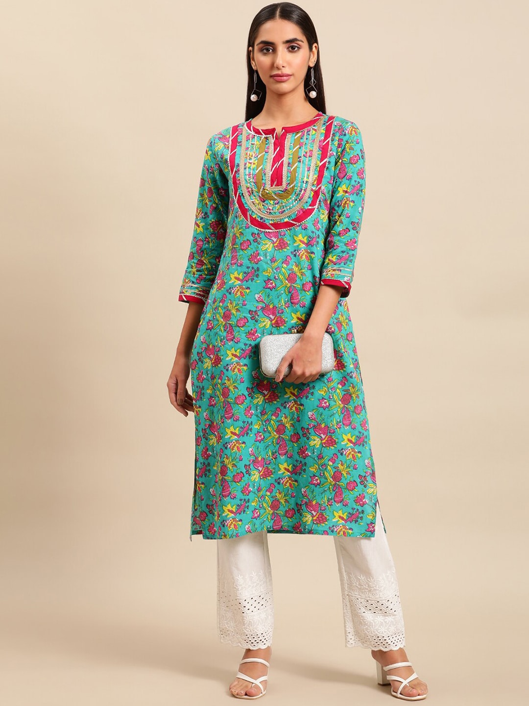 Sangria Women Floral Printed Gotta Patti Floral Kurta - Distacart