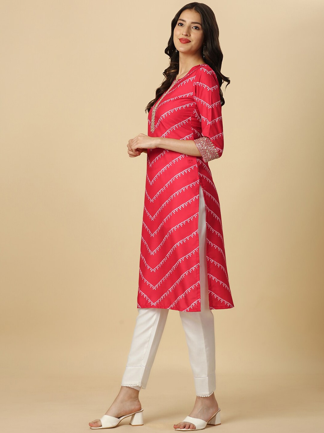 HERE&NOW Red & White Bandhani Printed Thread Work Kurta - Distacart