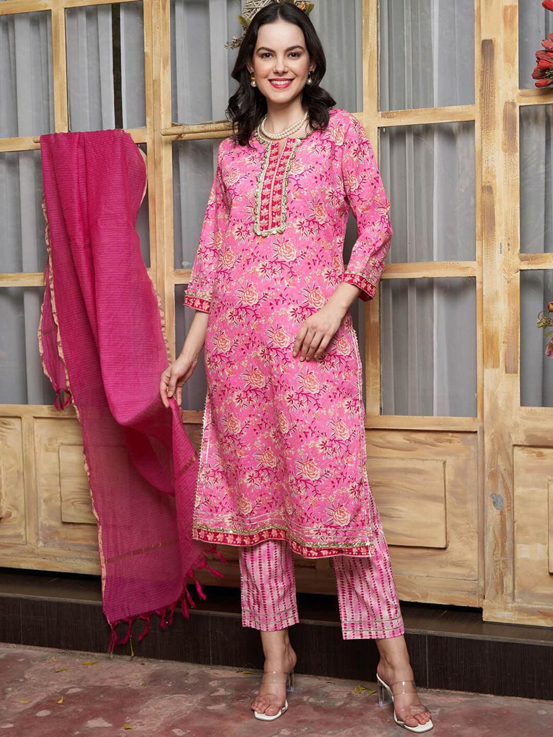 Sangria Pink Ethnic Motifs Printed Pure Cotton Kurta Set - Distacart