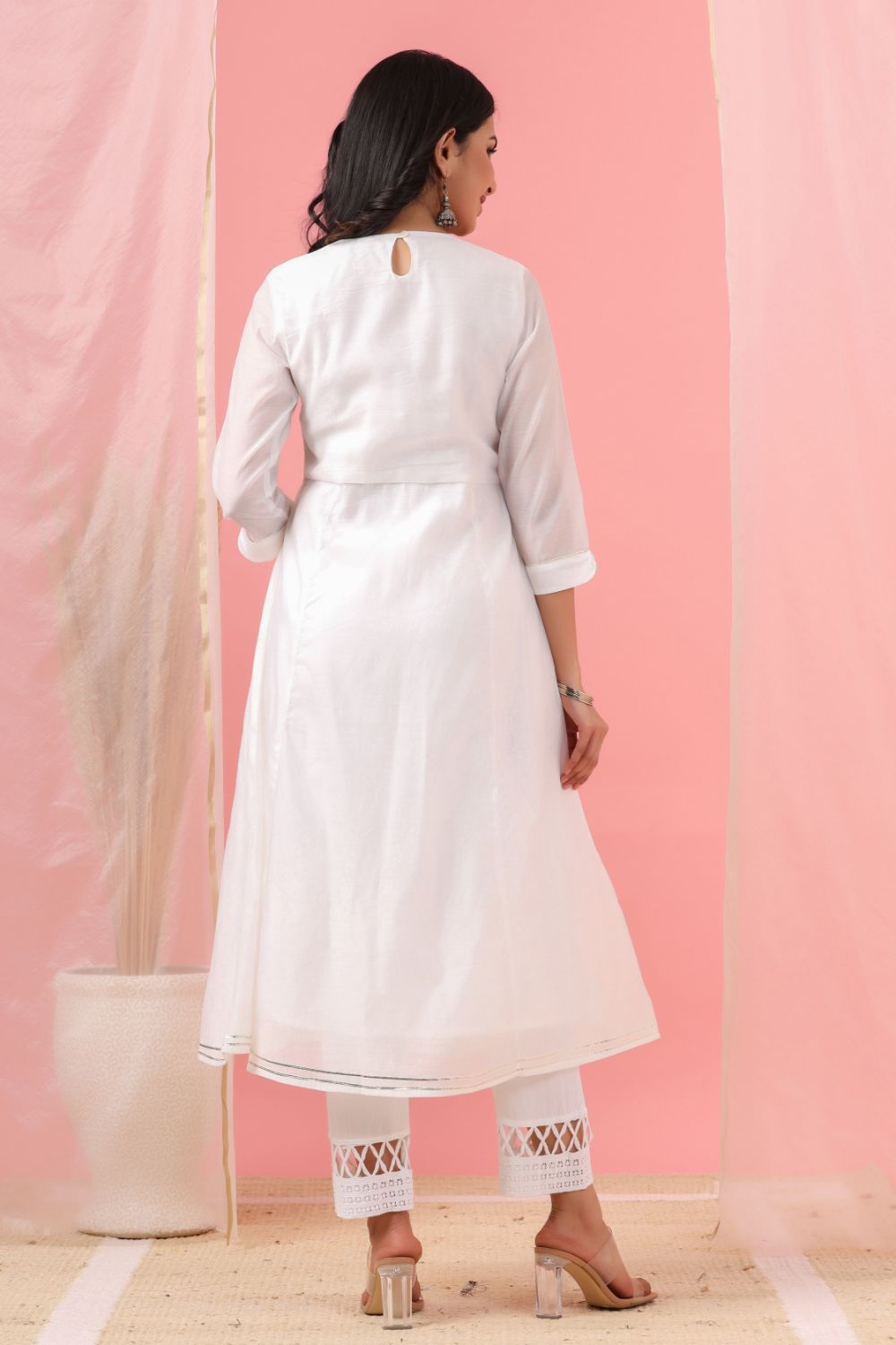 Juniper Womens White Cotton Chanderi Embellished A-Line Kurta - Distacart