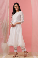 Thumbnail for Juniper Womens White Cotton Chanderi Embellished A-Line Kurta - Distacart
