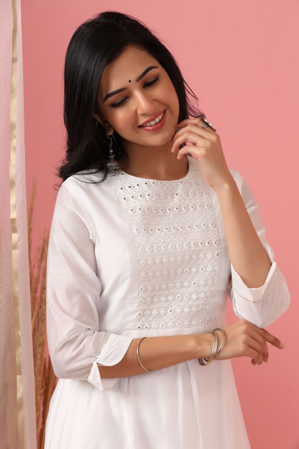 Juniper Womens White Cotton Chanderi Embellished A-Line Kurta - Distacart
