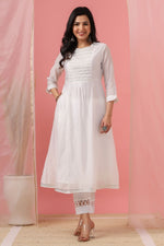 Thumbnail for Juniper Womens White Cotton Chanderi Embellished A-Line Kurta - Distacart