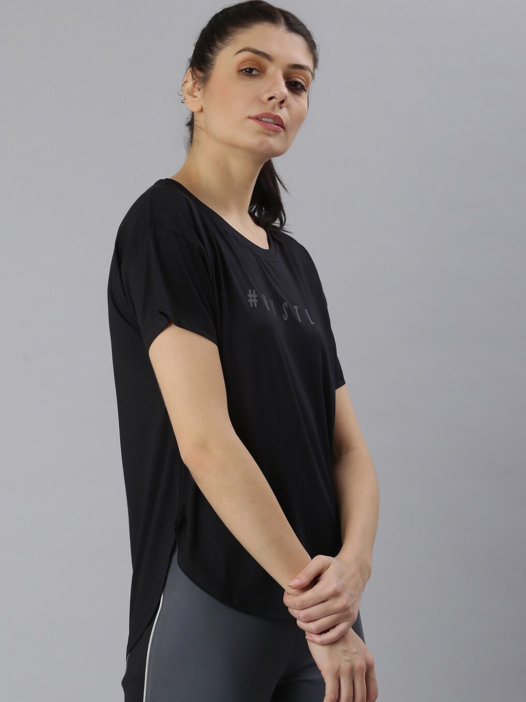 MKH Women Black Typography Printed Dri-FIT Sports T-shirt - Distacart