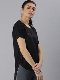 Thumbnail for MKH Women Black Typography Printed Dri-FIT Sports T-shirt - Distacart