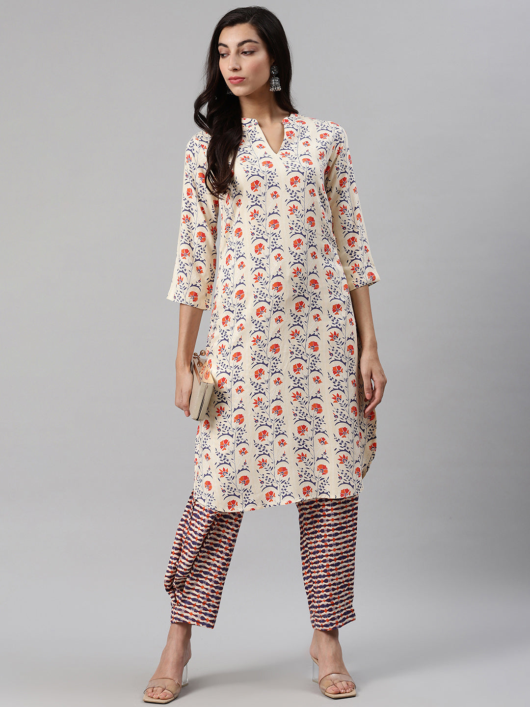 Biba Women Cream-Coloured & Orange Printed Kurta with Trousers - Distacart