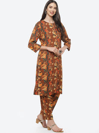 Thumbnail for Biba Women Brown Floral Printed Kurta with Trousers - Distacart