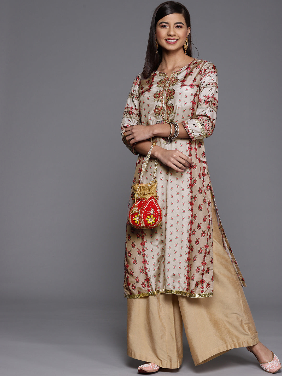 Biba Women Grey & Red Floral Printed Extended Sleeves Kurta - Distacart