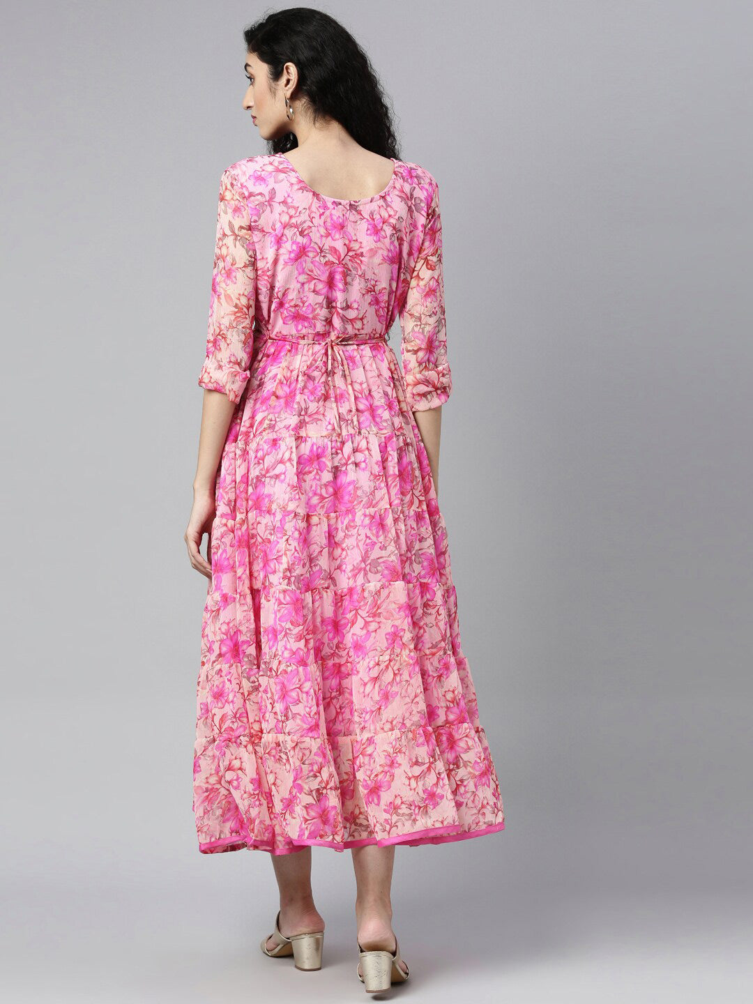 Souchii Beautiful Pink & peaches N Cream Floral Layered Chiffon Midi Dress - Distacart