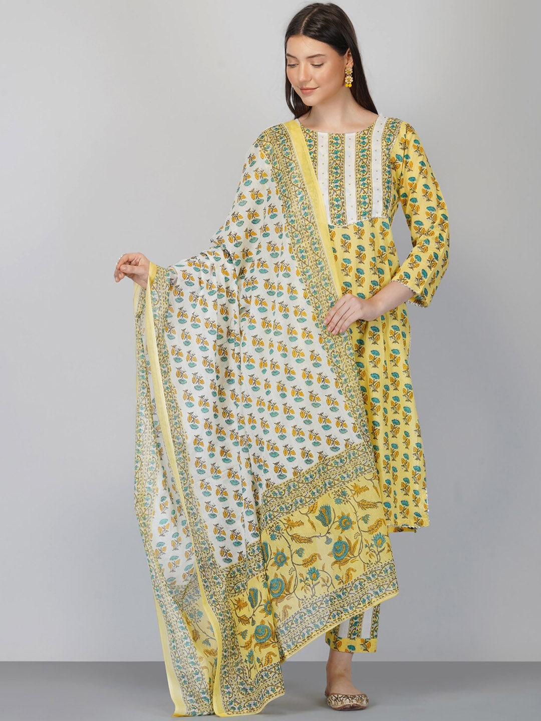 NOZ2TOZ Women's Yellow Ethnic Motifs Printed Pure Cotton Kurta with Trousers & Dupatta - Distacart
