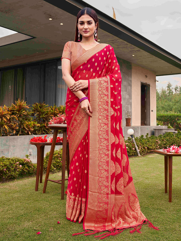 Tikhi Imli Pink Ethnic Motifs Woven Design Zari Saree - Distacart