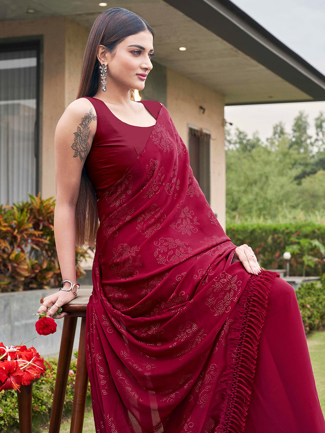 Tikhi Imli Embellished Half and half Satin Saree With Tassels - Distacart