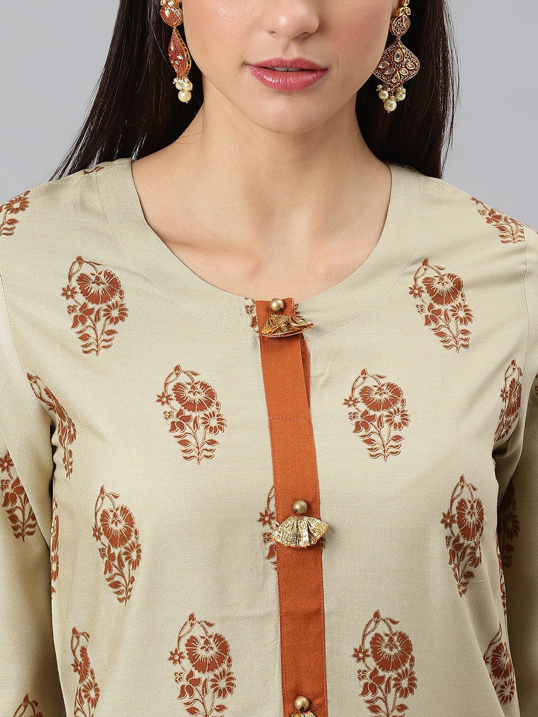 Khushal K Women Taupe & Rust Red Printed Kurta with Trousers & Dupatta - Distacart