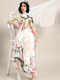 Thumbnail for Saree Mall Cream-Coloured & Pink Satin Floral Block Print Saree - Distacart