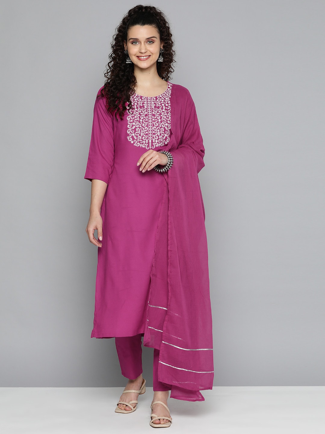 HERE&NOW Ethnic Motifs Embroidered Kurta with Trousers & Dupatta - Distacart