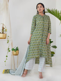 Thumbnail for HERE&NOW Women Ethnic Motifs Printed Empire Pure Cotton Kurta with Palazzos & With Dupatta - Distacart
