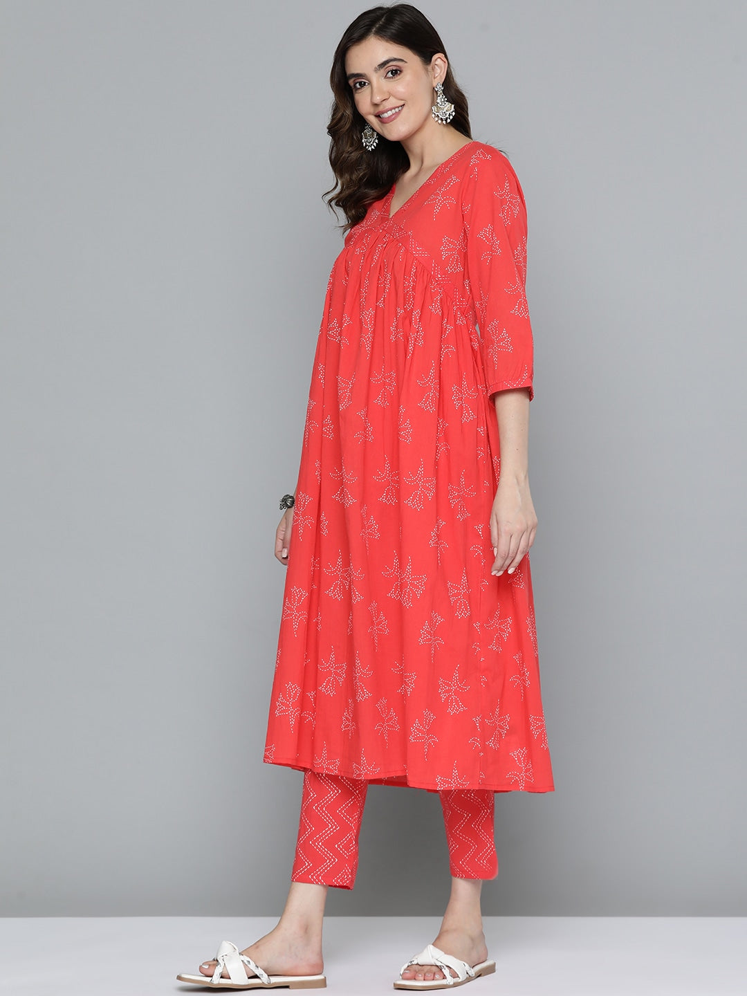 HERE&NOW Floral Print Cotton Empire Kurta with Trousers - Distacart
