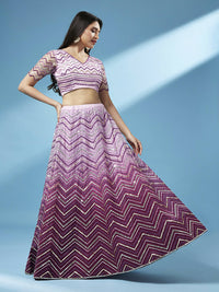 Thumbnail for House of Panchhi Women Lavender Net Zig-Zag Embroideried Lehenga, Blouse & Dupatta - Distacart