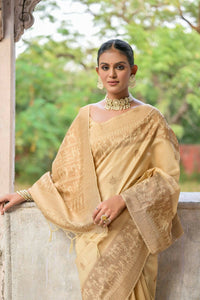 Thumbnail for Vishnu Weaves Women's Cream Handloom Raw Silk Woven Border Saree with Blouse - Distacart