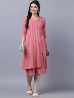 Thumbnail for Myshka Stylish Pink Cotton 3/4 Sleeve Women's Kurta Palazzo Set - Distacart